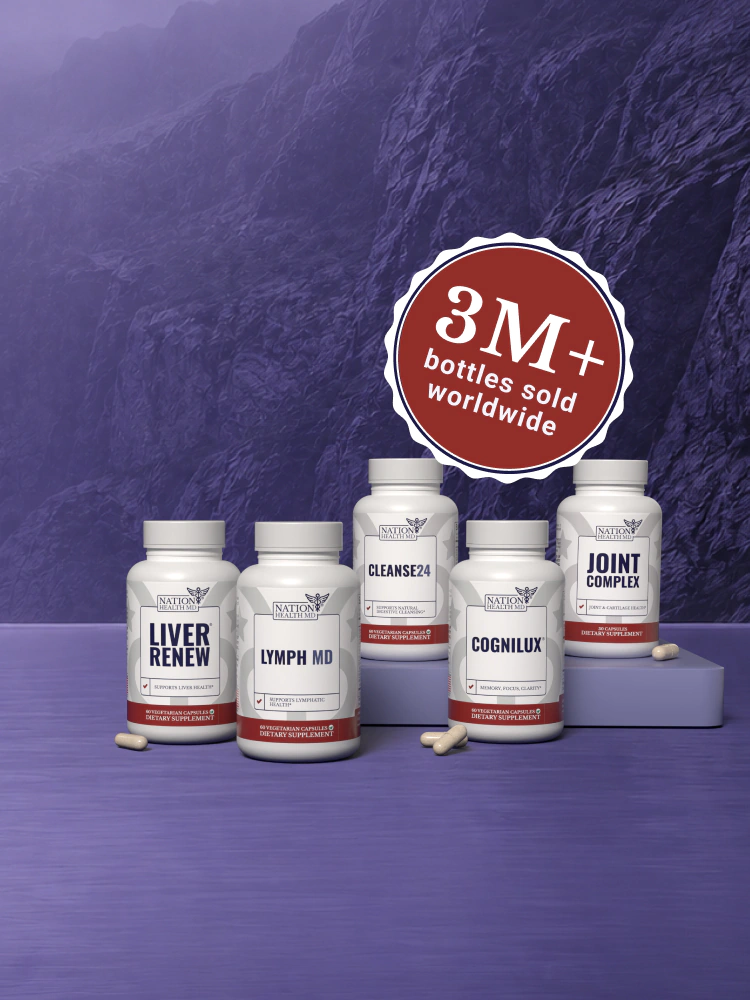Nation Health MD supplement bottles with a 3M+ bottles sold worldwide badge