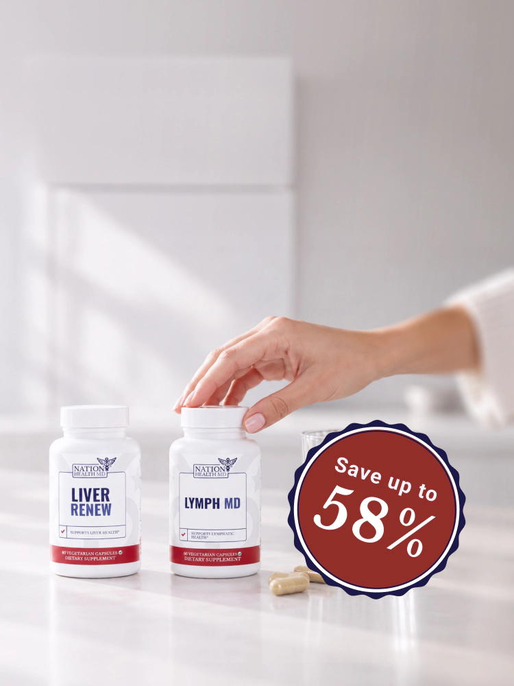 Liver Renew and Lymph MD bottles with a save up to 58% badge
