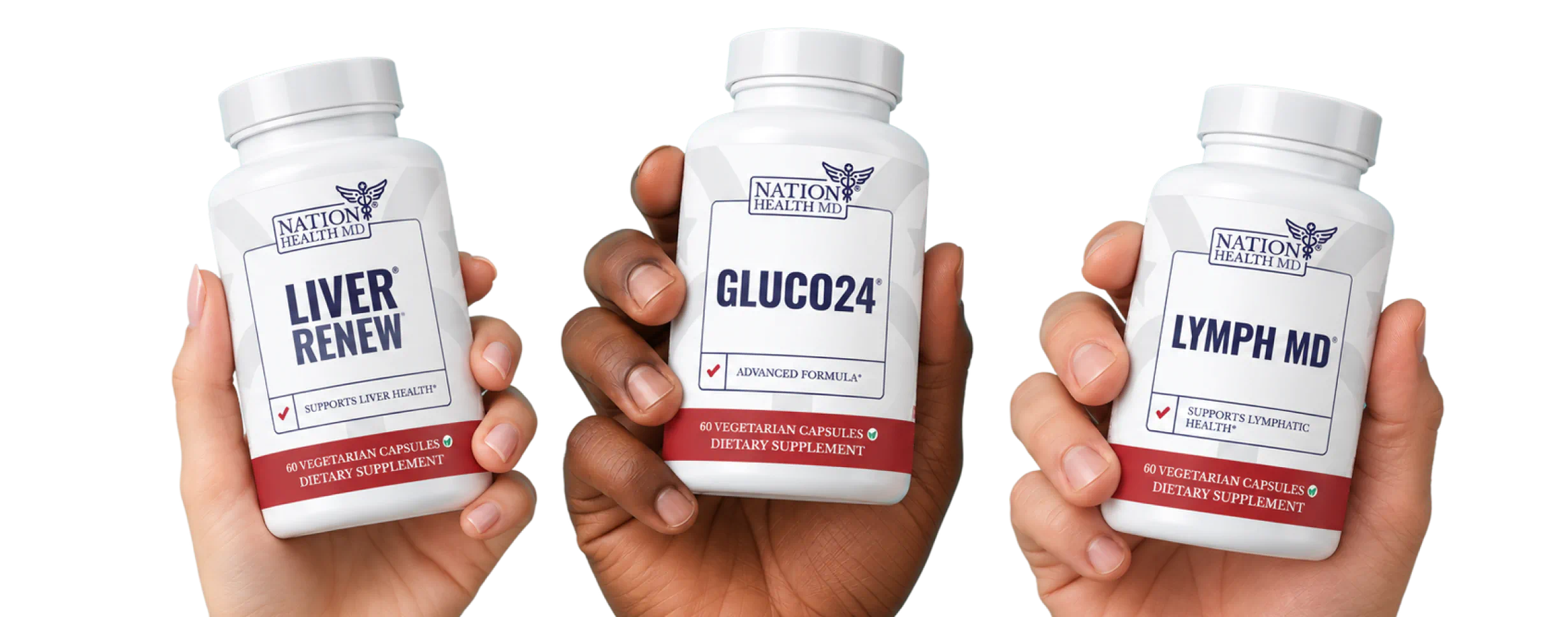 Hands holding Liver Renew, Gluco24 and Lymph MD bottles